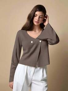 EURMUSE Women's Petite Solid Color V-Neck Front Button Drop Shoulder Cardigan - Brown - View 4