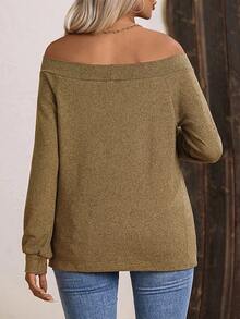 EMERY ROSE 女式露肩长袖宽松T恤，时尚休闲 - 卡其色 - 查看 2