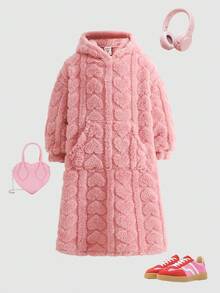 SHEIN 女童纯色粉色毛绒连帽长款卫衣，适合秋冬季节穿着。 - 粉色 - 查看 7