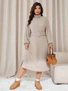 Auralis Vestido casual de manga larga y cuello alto de unicolor para mujer de talla grande