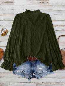 Linhara CURVE Plus Size Women's Solid Color Textured V-Neck Ruffle Hem Long Sleeve Loose Casual Top, Soft And Comfortable Fabric, Suitable For Everyday Wear