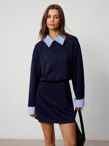 Hanevo Collared Striped Patchwork Long Sleeve Sporty Casual Collegiate Style Dress For Women Fall Cloth For Women
