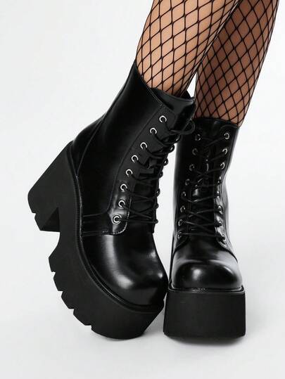 Grunge Punk Damen Lässig einfarbige Plateau Keilabsatz Knöchelstiefel, Gothic Punk Stil Leder Plateau Stiefel, Outdoor Pendler Stiefel
