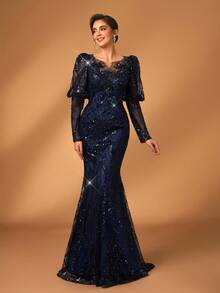 Serin 优雅奢华的藏蓝色珠饰亮片花卉贴花袖美人鱼连衣裙，适合婚礼、派对、度假、舞会、新娘母亲晚礼服、情人节等场合。 - 藏蓝色 - 查看 3
