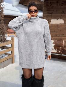 SHEIN EZwear Plus Size Loose Turtleneck Lantern Sleeve Chunky Knit Sweater Dress, Fall/Winter Autumn - Light Grey - View 9