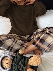 SHEIN 女士休闲抓绒字母刺绣长袖上衣和格子裤睡衣套装，秋冬装，蓬松舒适