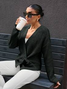 SHEIN Women V-Neck Bow Detailed With Balloon Sleve Oversize Cardigan