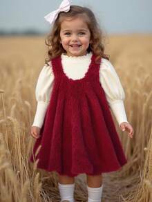 LMoss Kids 2pcs Baby Girl Knitted Solid Color Ruffle Collar T-Shirt And Fluffy Round Neck Sleeveless Dress Set