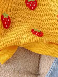 SHEIN 2pcs Baby Girl Autumn/Winter Knitted Sweater With Red Strawberry Pattern + Denim Pants Set - Yellow - View 8