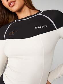 Missguided x Playboy Long Sleeve Color Block Performance Top With White Contrast Panel Active Wear Training Fitness Athleisure Crop Design Winter Fall Sporty Raglan - Multicolor - View 4