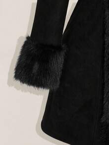 SHEIN ICON Plus Size Black Y2K Cinched Waist A-Line Faux Fur Collar Long Coat, Autumn/Winter - Black - View 11