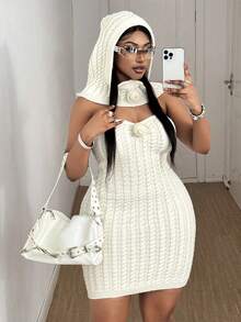 Maweii Plus Size Women's Sweater Set Corset Dress + Hat, Solid Color, Sexy And Slimming Corset Flower Dress, Knitted Flower Hat, Design Sense, Transformed Into A Hot Girl Design, Autumn And Winter, Women's Clothing, Elegant And Sexy, Party,Wrap Knit - Beige - View 7