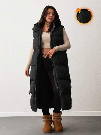 EURMUSE Plus Size Solid Color Zipped Front Sleeveless Hooded Padded Coat, Warm Winter Puffer Vest Vest Dress Black Vest Women Cold Weather Clothes Women Outerwear Women
