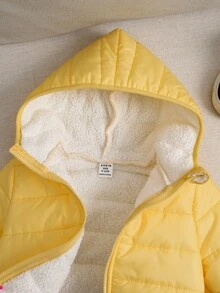 SHEIN 男婴黑色冬季保暖连帽拉链羽绒服，休闲百搭，柔软舒适，适合雪地玩耍 - 黃色 - 查看 4