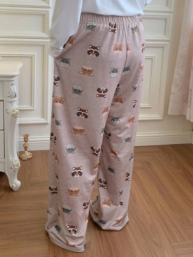 Dazy Plus Cartoon Print Pattern Loose Straight Casual Pajama Bottoms, Plus Size Cute Sleepwear, Winter