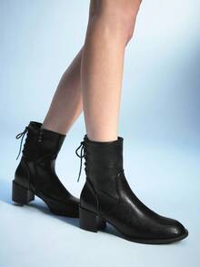 Sugerpunk 女式黑色复古尖头粗跟踝靴，系带，侧拉链 - 黑色 - 查看 7