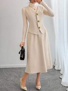 DAZY 女式休闲纯色无袖上衣和裙子两件套，秋季 - 杏色 - 查看 8