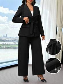 SHEIN Lady 女士优雅通勤纯色夹克和裤子两件套 - 黑色 - 查看 1