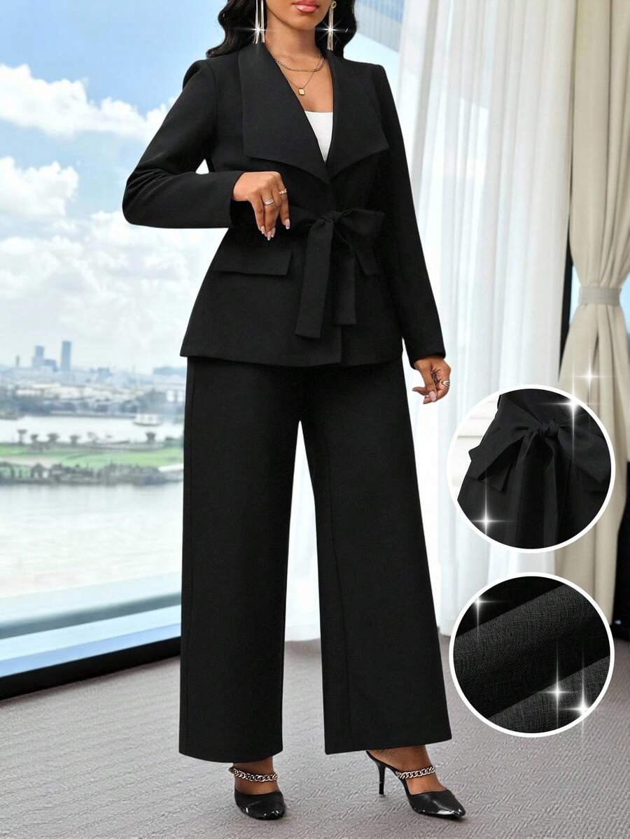 SHEIN Lady 女士优雅通勤纯色夹克和裤子两件套 - 黑色 - 查看 1