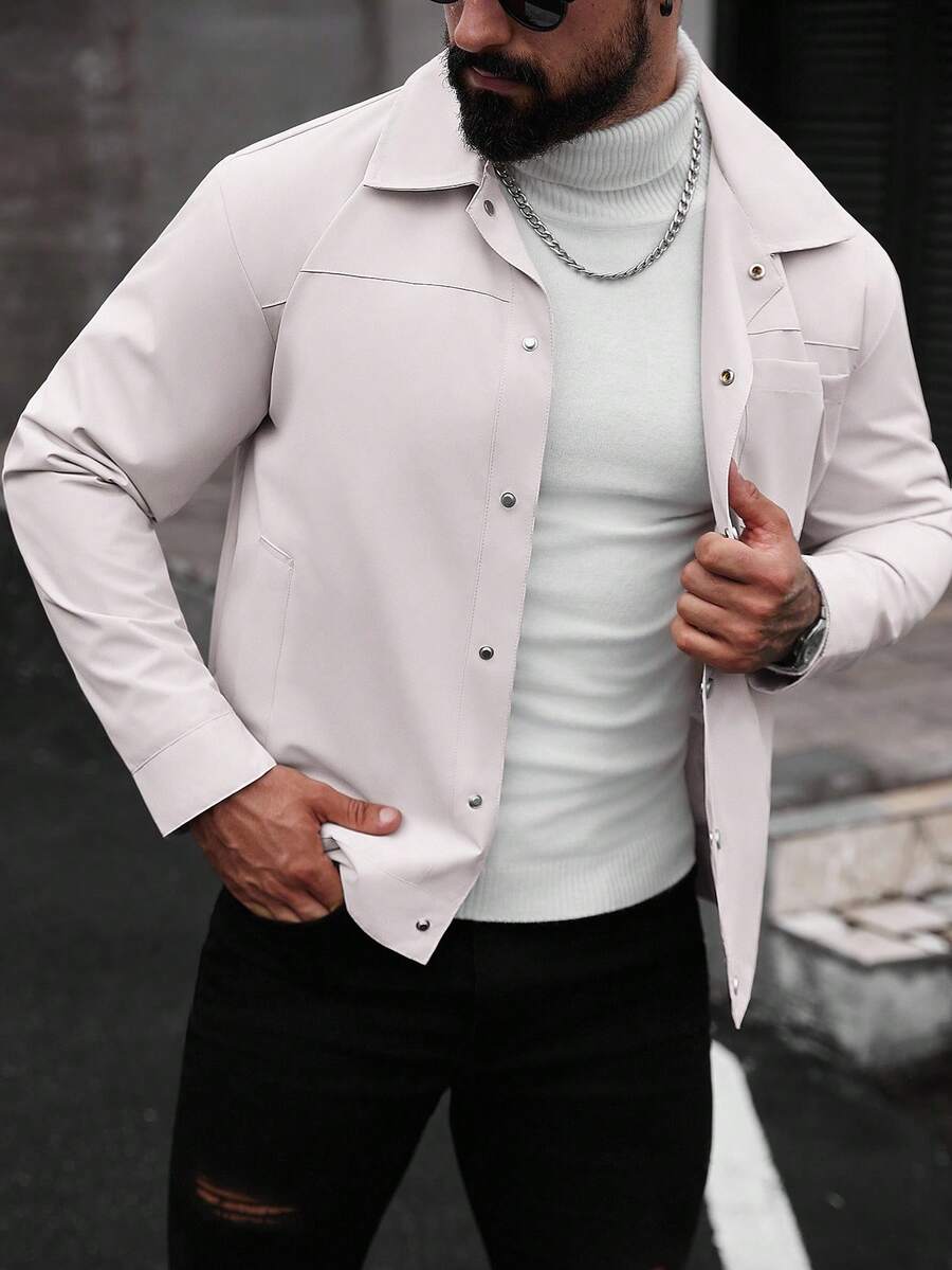 Manfinity Homme 男士休闲纯色夹克，适合秋季穿着 - 卡其色 - 查看 1