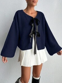 EURMUSE Solid Color Knotted Bow Thick Knit Long Sleeve Cardigan,Cardigans For Women,Petite Cardigans,Cardigans - Navy Blue - View 3