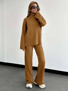 EURMUSE Solid Color Long-Sleeved Sweater And Knitted Trousers Two Pieces Set,Petite,Winter Clothes - Brown - View 3