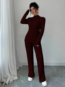 SHEIN PETITE 女款酒紅色秋季優雅日常兩件式針織毛衣套裝，專業辦公職場穿搭，復古斯德哥爾摩街頭風百搭外出裝，適合嬌小女性 - 酒紅色 - 查看 3