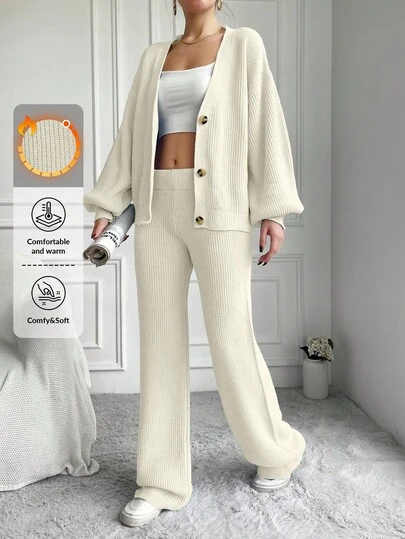 EURMUSE 2pcs/Set Women's Casual Solid Color Lantern Sleeve Cardigan Sweater And Trousers Set, Autumn