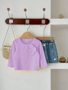 SHEIN Playful Pals 女婴时尚街头风格两件套，黄色花卉装饰长袖上衣和印花牛仔裙，适合日常穿着和旅行，春秋季 - 紫色 - 查看 5