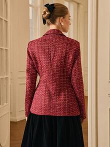 Chiquease Áo khoác blazer hai hàng khuy họa tiết kẻ caro bảo hộ lao động - Đỏ - Xem 2