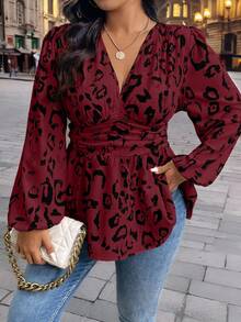 SHEIN Clasi Plus Size All-Over Print V-Neck Pleated Casual Long Sleeve Shirt Peplum Top - Multicolor - View 6