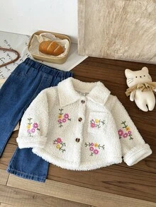 SHEIN 2 件套女婴花卉刺绣开衫夹克，带口袋和喇叭裤套装，时尚百搭，适合秋冬 - 米色 - 查看 7