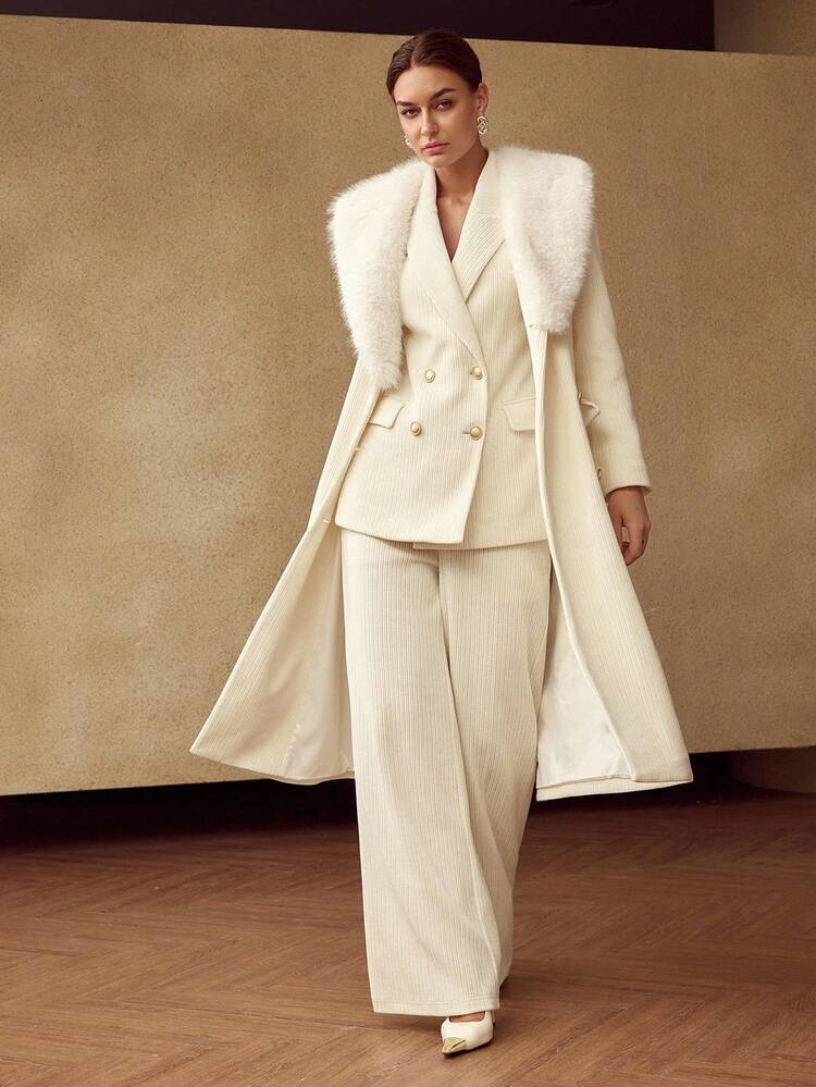 WOMEN'S AUTUMN/WINTER CHENILLE & FAUX FUR COLLAR MID-LENGTH COAT