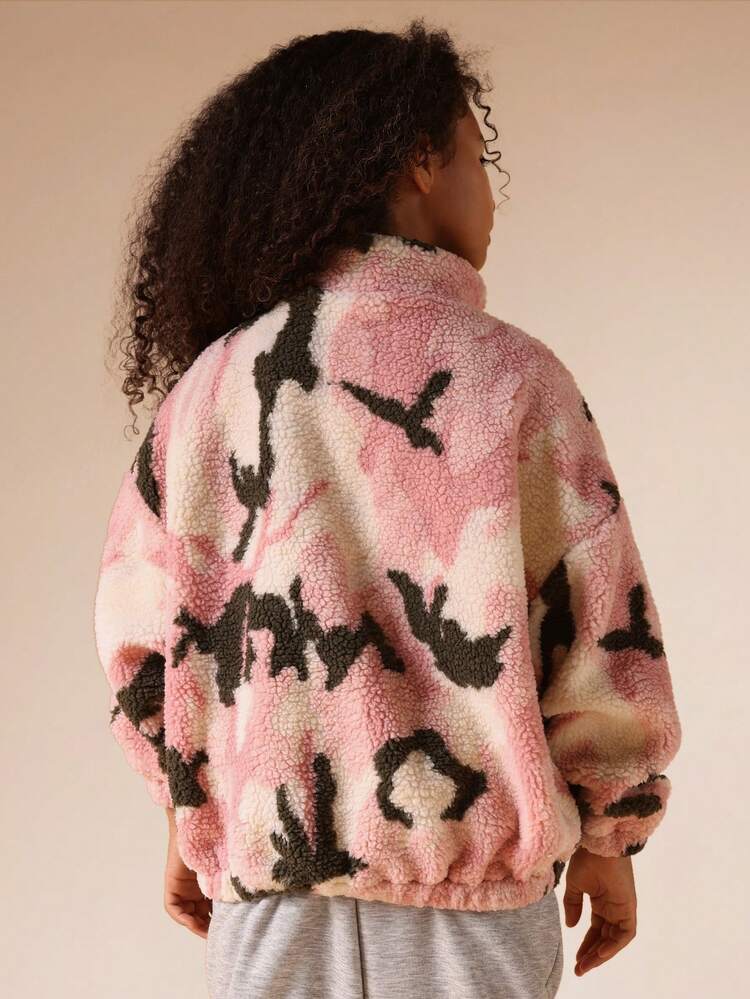 Pink Camo Sherpa Zip Through Jacket With Pockets