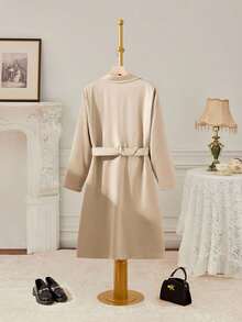 SHEIN MOD Christmas Plus Size Elegant Commuter Solid Color Double-Breasted Satin Trench Coat,Fall Clothes For Women