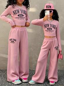 Girlism 青少年女孩针织休闲英伦印花修身长袖 T 恤和裤子两件套 - 藕粉色 - 查看 3