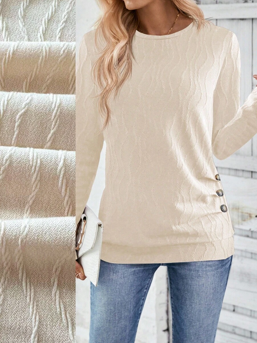 EMERY ROSE 女式圆领长袖纹理纽扣设计休闲T恤 - 杏色 - 查看 1