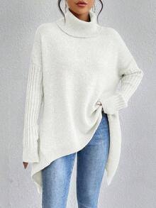 EMERY ROSE High Neck Front Short Back Long Casual Long Sleeve Pullover Sweater - Beige - View 4