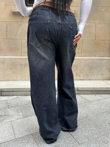 Dazy Plus Washed Distressed Loose Straight Leg Dark Wash Blue Long Jeans, Autumn