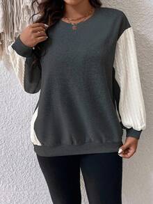 SHEIN CURVE+ Plus Size Contrast Color Patchwork Cable Knit Sleeve Sweatshirt Winter - Grey - View 4