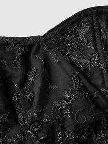 SHEIN MOD Women's Beaded Embroidery Ruched Fashionable Mini Dress,Party Dresses,Flowy Dress,Bodycon Dress,Black Mini Dress, Women's Clothing,Black Dress - Black - View 5