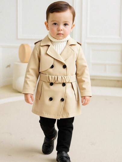 Abrigo de trinchera de manga larga con botones, forrado térmico, de estilo minimalista y de moda para bebés niños, ligero, adecuado para otoño/invierno, ropa de exterior para niños pequeños, abrigo para niños pequeños, para uso diario y al aire libre