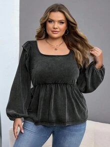 SHEIN CURVE+ Tricou de damă plus size, cu mânecă evazată, vopsit în stil tie-dye, cu decolteu pătrat și decorat cu fundă, tricou versatil cu mânecă lungă