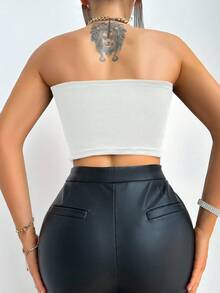 BamGleam 女士时尚纯色修身 V 领吊带背心上衣，女士休闲不对称，索环孔眼，系带露肩修身纯色女式上衣，春夏，新年派对/夜总会 - 白色 - 查看 2