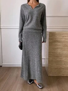 DAZY 女士休闲针织毛衣和裙子两件套，秋季 - 灰色 - 查看 4