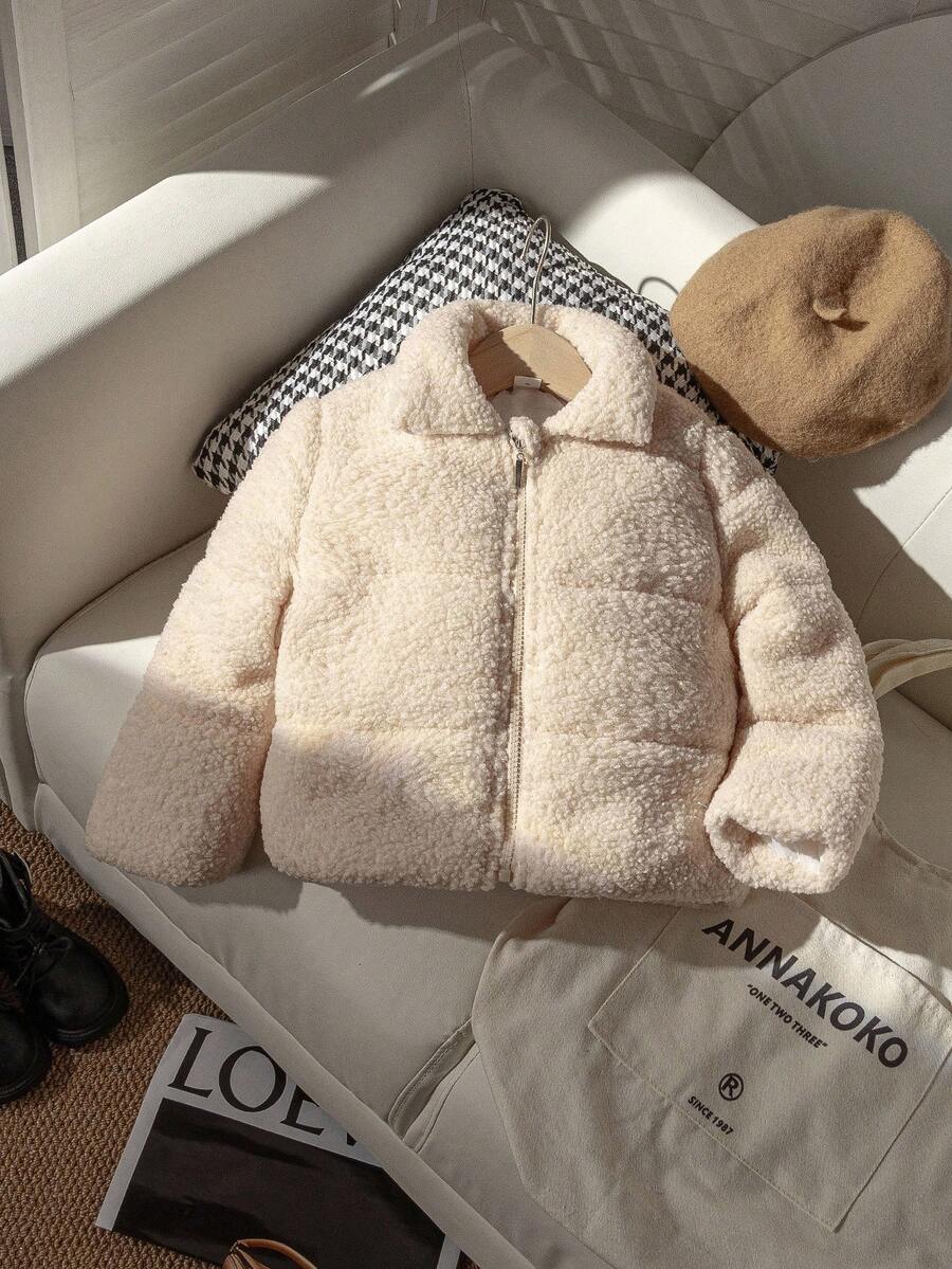 女童时尚休闲泰迪羊羔拉链短外套 - 杏色 - 查看 1