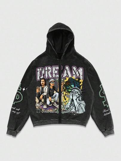 Street Life Sudadera con capucha negra con estampado de copos de nieve lavada para hombre, otoño/invierno