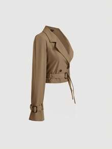 SHEIN MOD 女式卡其色短款休闲宽松夹克（配腰带）、秋季外套、秋季大衣、秋装、邮轮女装、返校装 - 駝色 - 查看 5