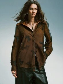 Airlisse Women's Solid Color Lace Crochet Patchwork Stand Collar Long Sleeve Blouse