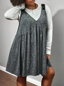 Enliva Melanieangelese Plus Size Women Babydoll A-Line Flared Mini Suspender Dress, Adjustable Straps, V-Neck Pinafore Dress, For Apple Rounded Body Shape - Grey - View 5